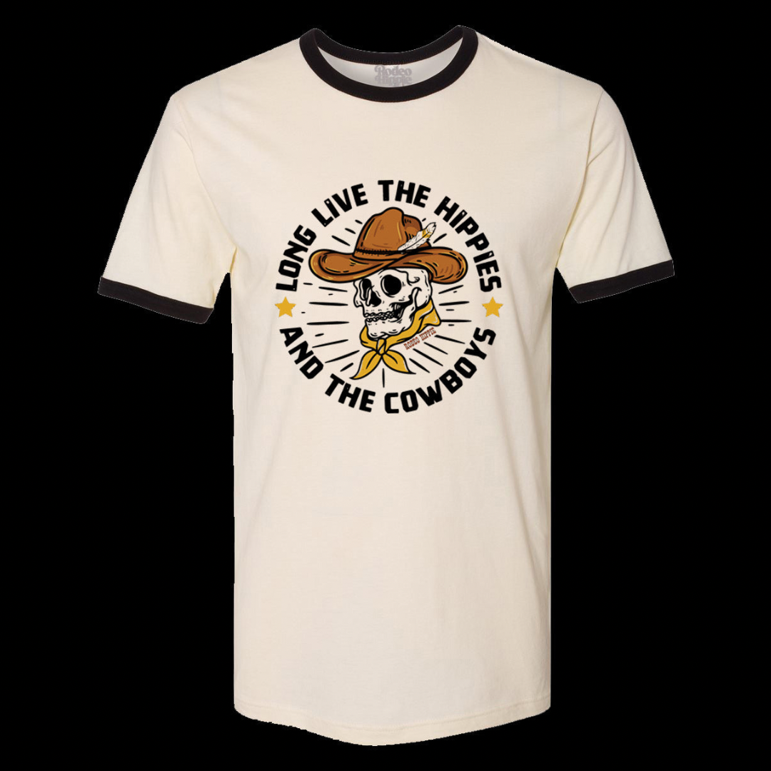 LONG LIVE THE HIPPIES AND THE COWBOYS RINGER TEE NATURAL/BLACK