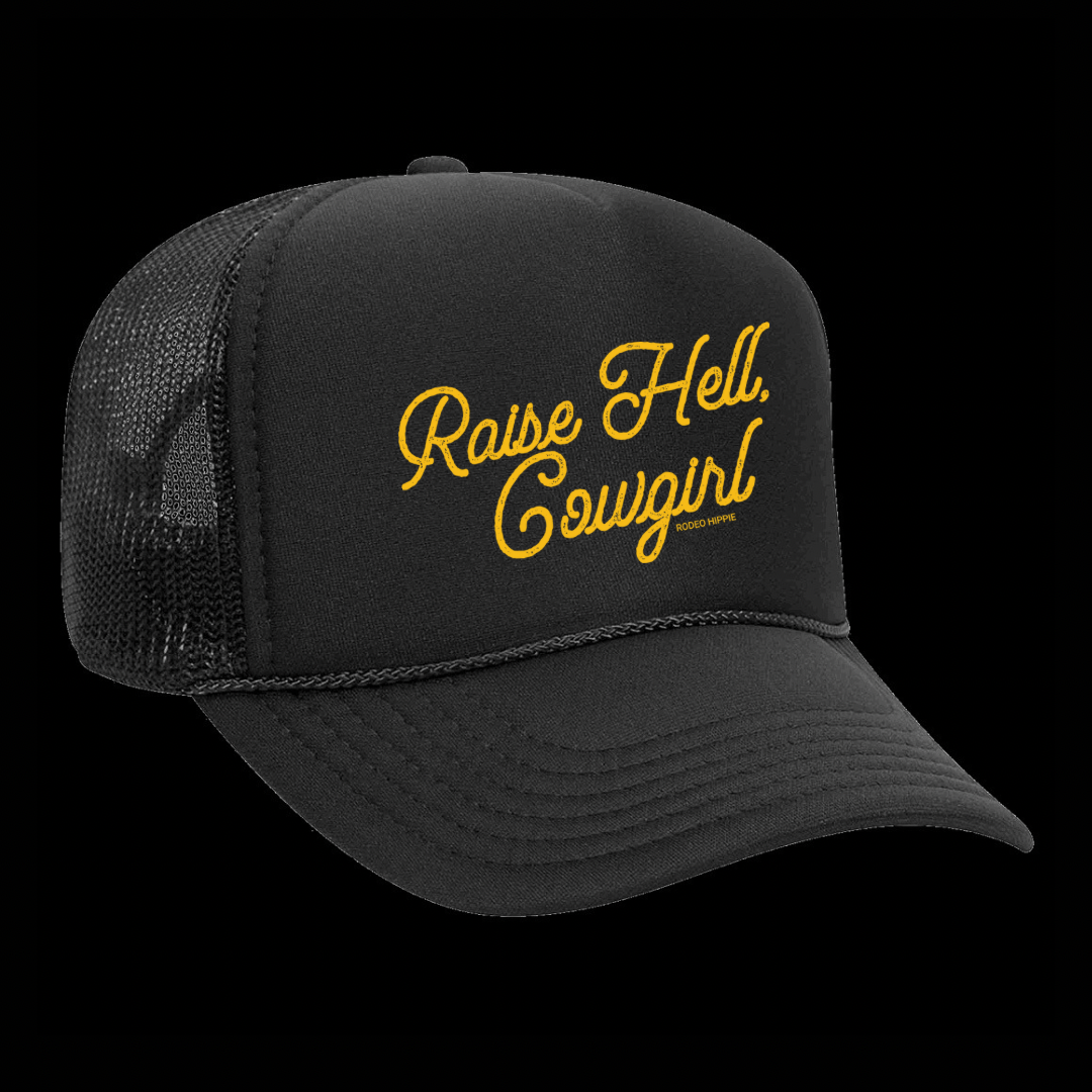 RAISE HELL COWGIRL BLACK TRUCKER